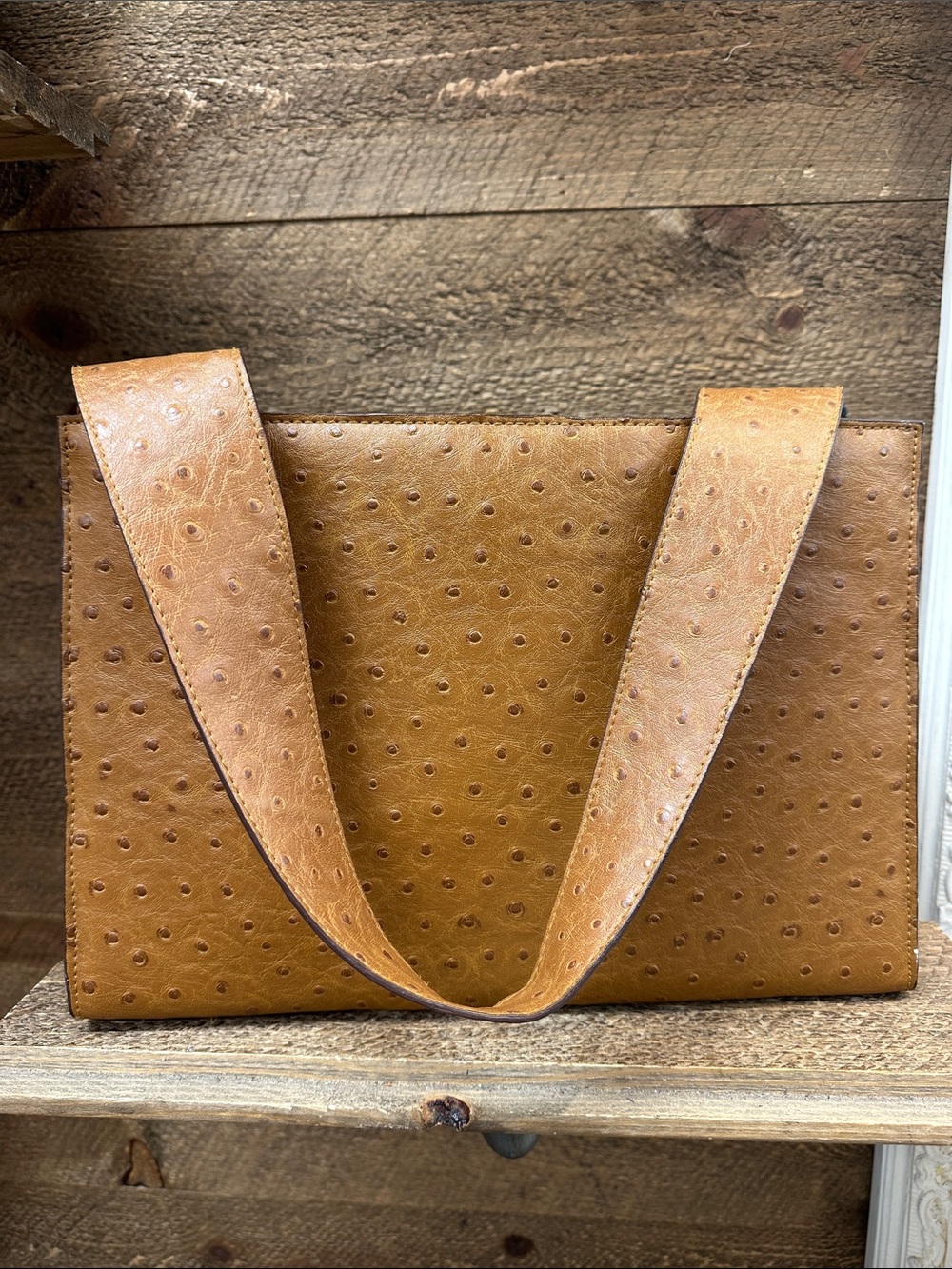MNG Mango Cognac Ostrich Embossed Structured Tote Shoulder Bag
